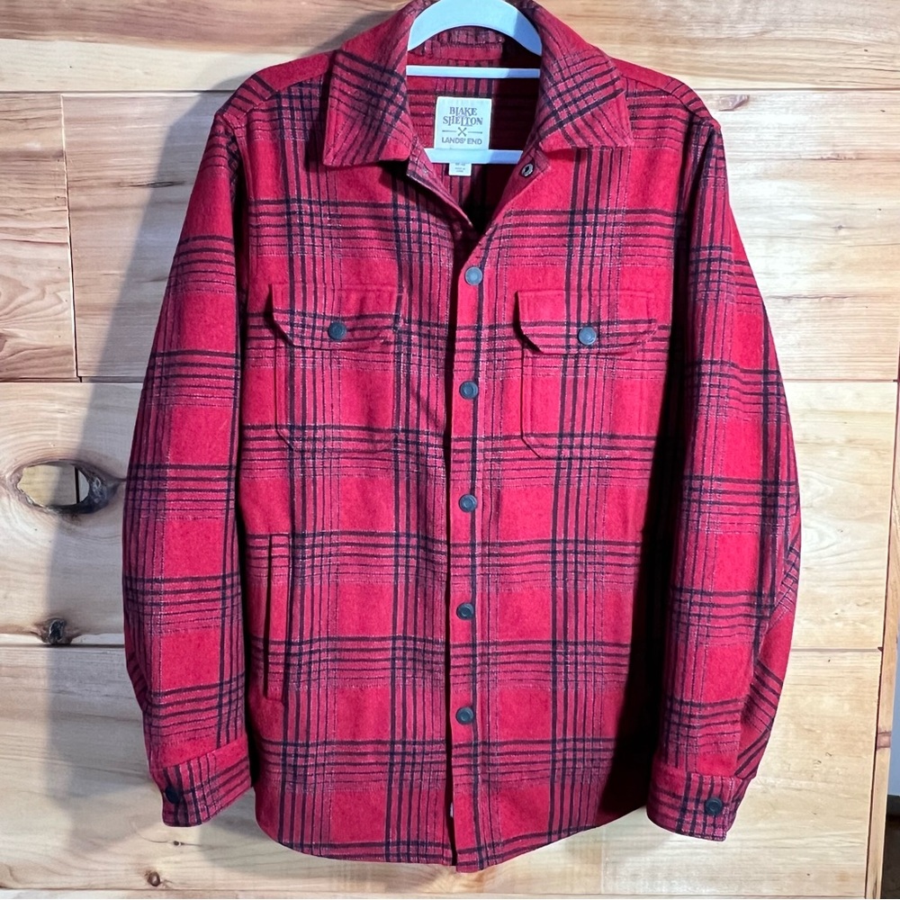 Blake Shelton Land’s End Men's Red & Black Plaid Wool Blend Shirt Jacket Size M